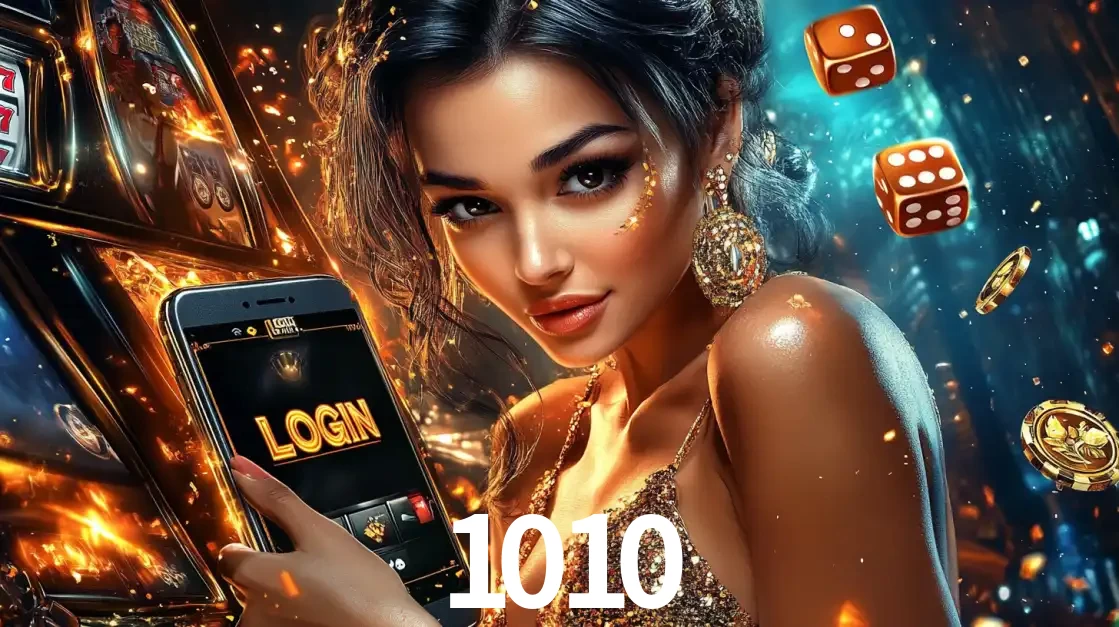 Mulher glamourosa segurando um celular com a tela de login do cassino 1010, rodeada por dados e moedas douradas, pronta para começar a diversão.