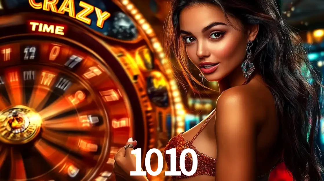 Mulher ao lado da roda de prêmios do jogo de cassino ao vivo Crazy Time, um dos shows de jogos mais emocionantes oferecidos pela plataforma de apostas 1010.