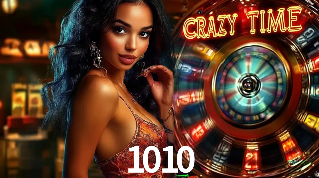 Mulher elegante ao lado da vibrante roda da fortuna do jogo de cassino ao vivo Crazy Time, um dos game shows mais populares e cheios de prêmios do 1010.