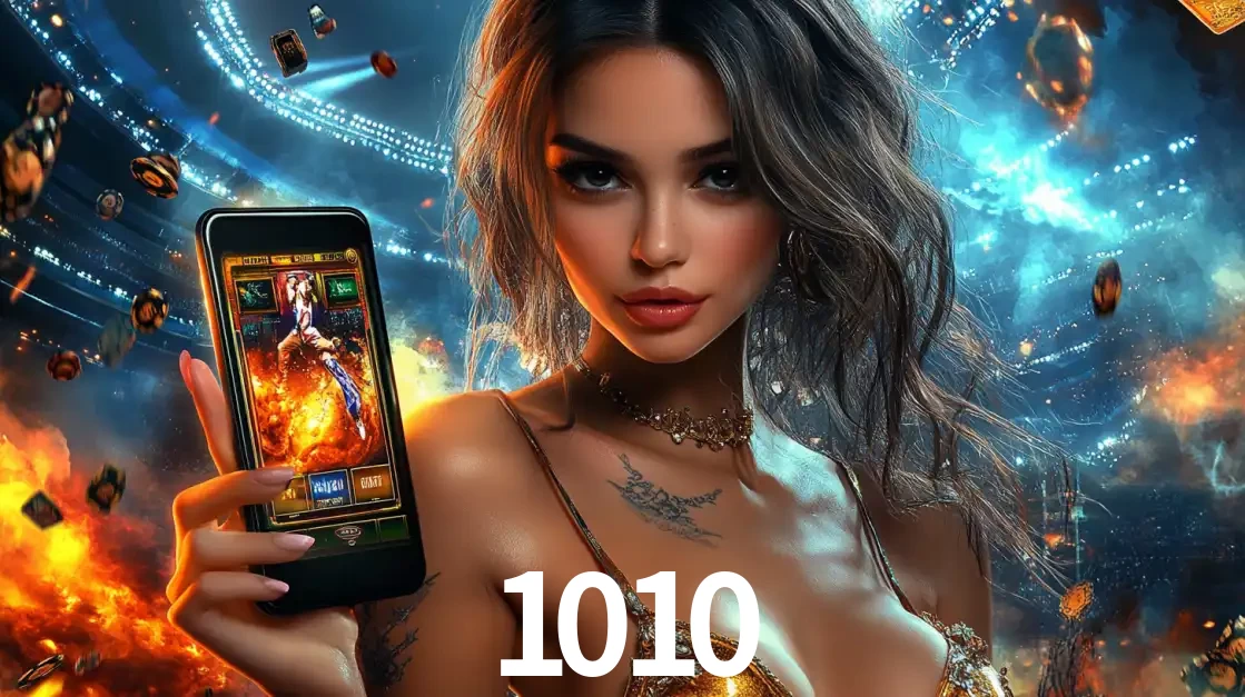 Mulher segurando um celular com um jogo de slot em destaque, tendo como fundo um estádio vibrante, simbolizando a emoção de jogar no cassino móvel 1010.