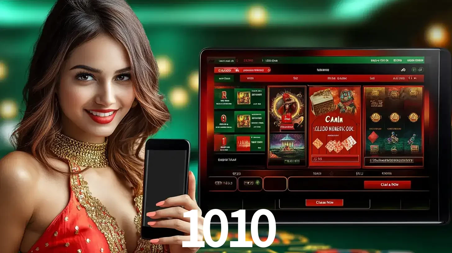 Mulher sorridente segurando um smartphone, ao lado de uma tela exibindo o lobby de jogos do cassino online 1010, com várias opções de jogos de cartas e slots.